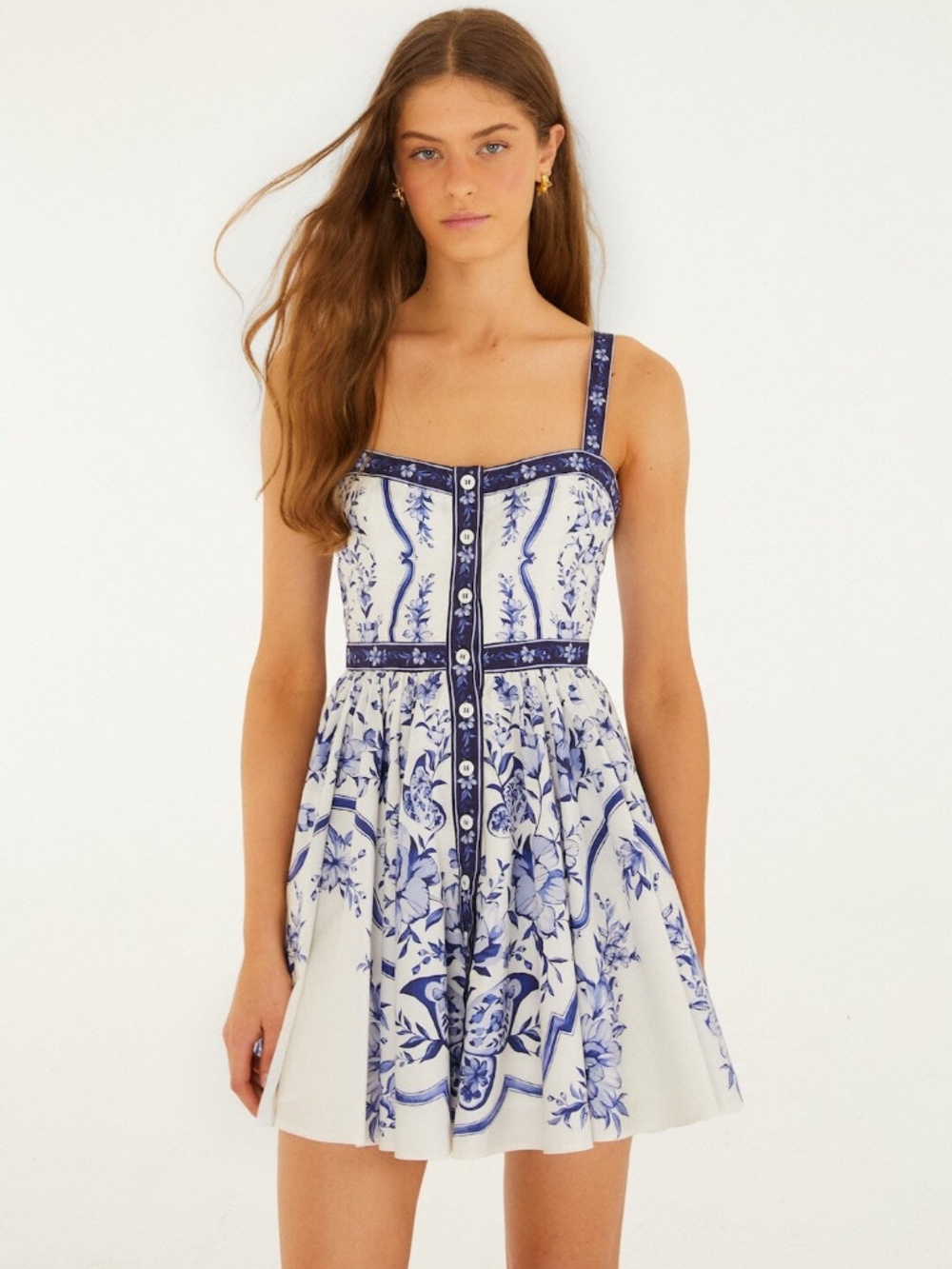 Off-White Porcelain Garden Buttoned  Mini Dress